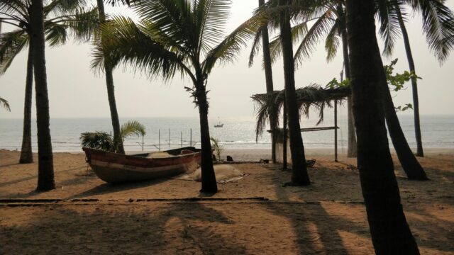 Serene beach setting in Alibag with palm trees and a wooden boat basking in the sunset.