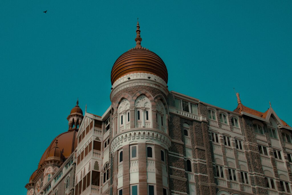 Majestic view of the iconic Taj Mahal Palace Hotel in Mumbai, featuring its impressive architecture.