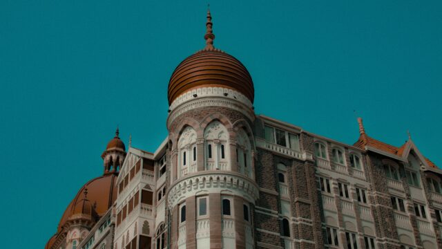 Majestic view of the iconic Taj Mahal Palace Hotel in Mumbai, featuring its impressive architecture.